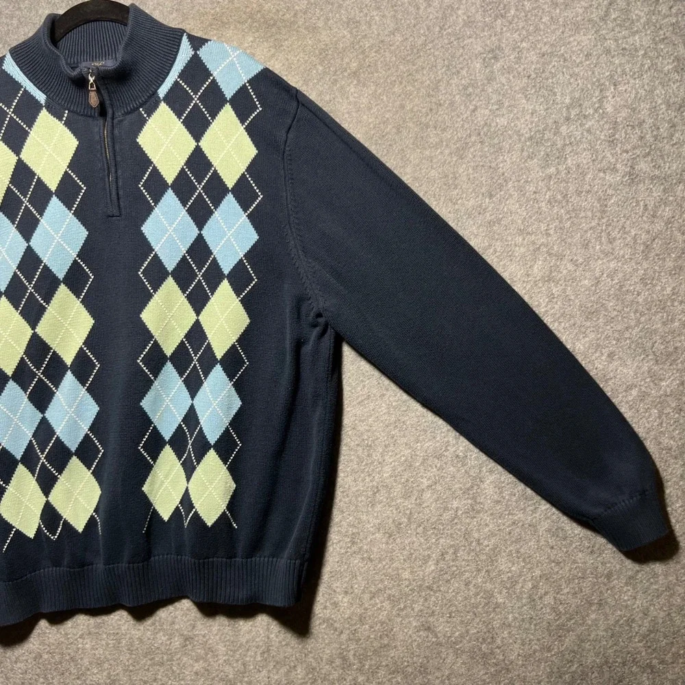 Vintage 90s Brooks Brothers Quarter Zip Sweater Mens XL Navy Blue Argyle‎